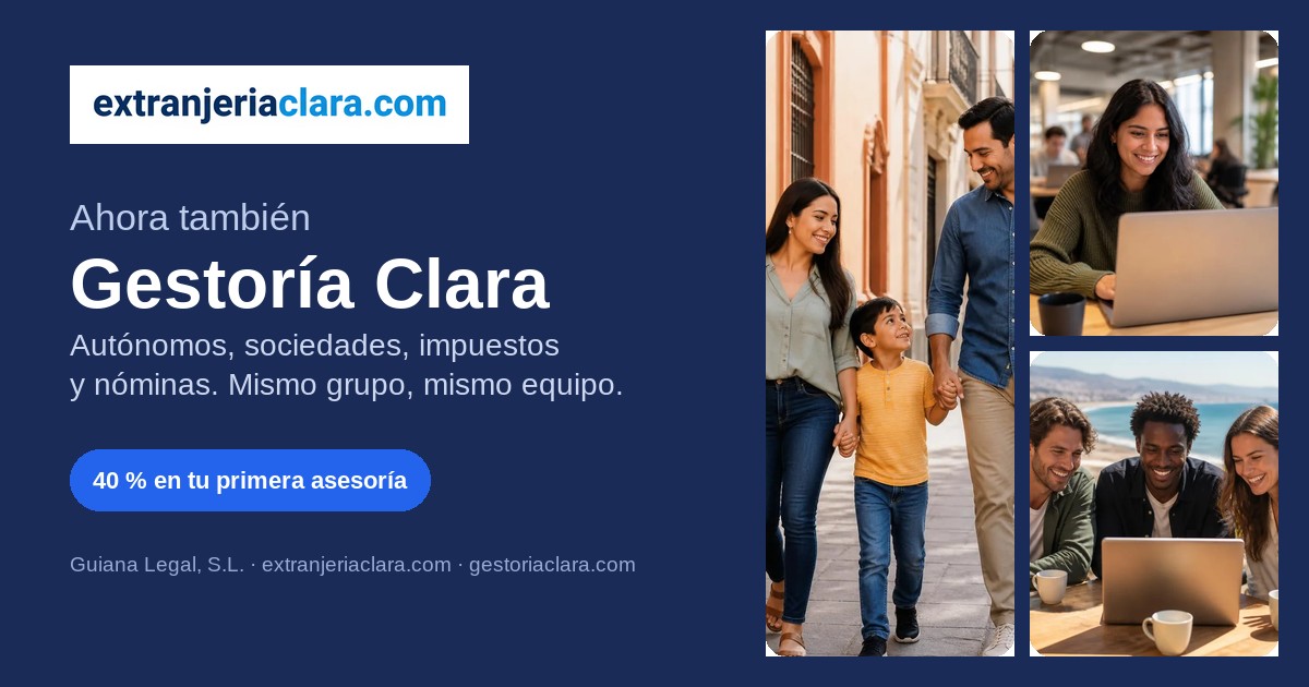 Extranjería Clara presenta Gestoría Clara: autónomos, sociedades, impuestos y nóminas, con 40 % de descuento en la primera asesoría.