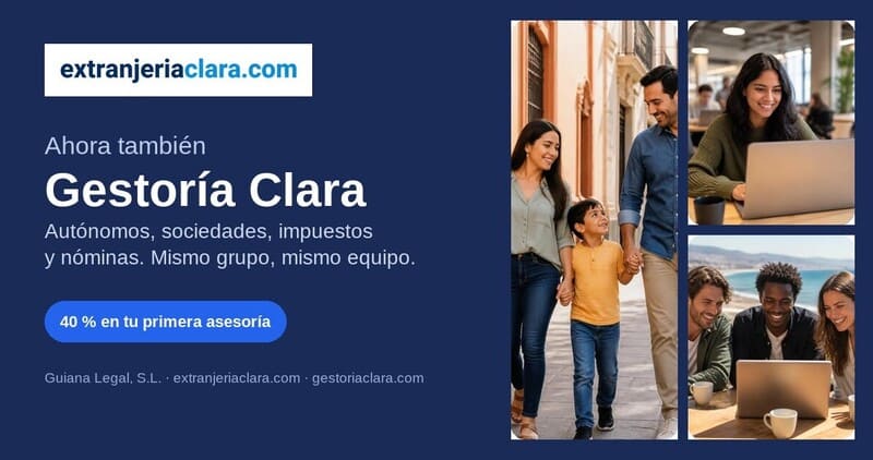 Extranjería Clara presenta Gestoría Clara: autónomos, sociedades, impuestos y nóminas, con 40 % de descuento en la primera asesoría.